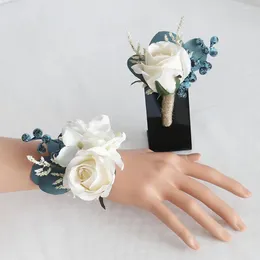 Decorative Flowers 2Pcs Flower Wrist Corsage Boutonniere Set Handmade Artificial Bride Hand Men For Wedding Party