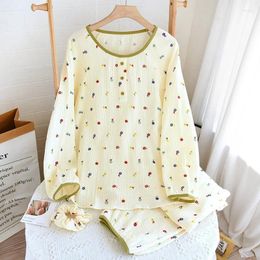 Women's Sleepwear Cotton Cute Sweet Homewear Up Button Round Neck 2 Pcs Pajamas Set For Spring And Summer Long Sleeved Pants Pyjamas