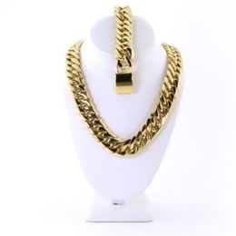 Mens Large Thick 14K Gold Plated Miami Cuban Chain And Bracelet Set 21mm JayZ204q