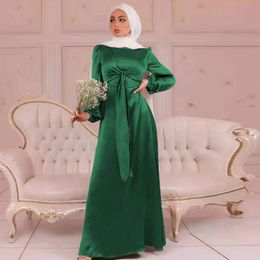 Ethnic Clothing Muslim Long Dres Elegant Wrap Satin Abaya Front Belted Hijab Modest Dresses Dubai Turkey Islam Kaftan Robe Ramadan 231208