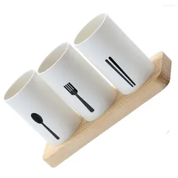 Kitchen Storage Cutlery Utensil Holder Flatware Organiser With Wood Base Tableware Silverware Tube Clothes Drying Racks Chopsticks