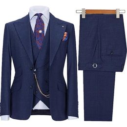 Men s Suits Blazers Lansboter Navy Blue Men Suit 3 Pieces Slim Business Casual For Wedding Groom Formal Work Tuxedo Jacket Vest With Pants 231211