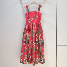 European fashion brand red floral print sleeveless gathered waist midi dress