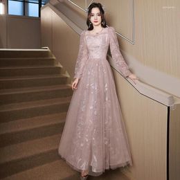 Party Dresses Pink Embroidered Prom Dress Elegant Square Collar Long Sleeve Formal Gown Luxury Tulle Print A-Line Wedding