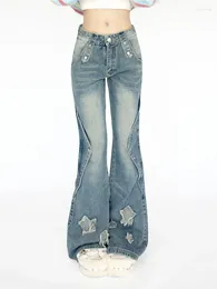 Women's Jeans 2023 Fashion Blue Denim Pants Women Embroidery Star Design High Waist Slim Bell Bottoms Gyaru Streetwear Vintage Kpop