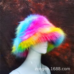 Wide Brim Hats Bucket Hats selling Colourful fox fur pot hat fisherman's hat imitation fur casual fashion women's warm round hat 231211