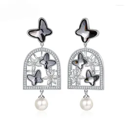 Dangle Earrings Luxury Black Austrian Crystal Big Butterfly Drop Hollow Long Hanging Women's Pearl Statement Jewellery Gift