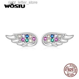 Stud WOSTU New Trendy 925 Sterling Silver Mini Wing Stud Earrings Colourful Zircon Feather Small Earrings For Women Jewellery CQE1397 YQ231211