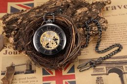 Pocket Watches Luxury Black Watch Vintage Hand-WInd Mechanical Steampunk Men Roman Numerals Clock With Fob Chain Reloj Hombre