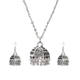 Necklace Earrings Set Ethnic Silver Colour Lantern Tassel Female Jhumka Vintage Carved Flowers