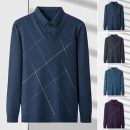 Men's Sweaters Men Color-block Sweater Lapel Mid-aged Business With Patchwork Stripes Buttoned For Fall Winter