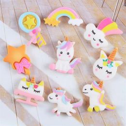 50Pcs lots Cute Unicorn Components Crafts Rainbow Cartoon Flatback Planar Resin Bow Materials DIY Arts Crafts Sticker Accessories 213S