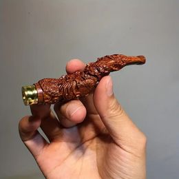 1pc Cigarette Holder Wood Carving Coiled Dragon Wooden Curved Cigarette Holder Thick And Thin Two-way Integrated