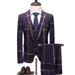 Men s Suits Blazers Pants Vest Set 3 Pieces 2023 Business Casual Fashion Three Piece Plaid Suit Jacket Coat Trousers Waistcoat 231211