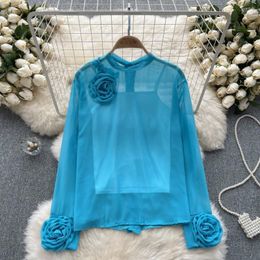 Women's Blouses French Chic 3D Flowers O-neck Long Puff Sleeve Female Chiffon Blouse Spaghetti Strap Sweet Tank Top For Women Drop