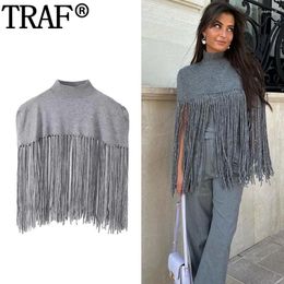 Women's Sweaters Tassels Knit Top Women Turtleneck Grey Cape Pullovers Y2K Autumn Knitted Sweater For Fashion Sleeveless Woman Jumper