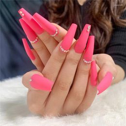 False Nails 24Pcs Ins Matte Pink Long Ballet French Art Fake Manicure Press On Rhinestones With Square Design Reusable