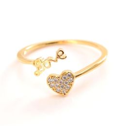 Woman Love rings Lovely 24 k CT Fine Solid Gold GF CZ Stones Ring Adjustable Size Opening-Ring Cute Heart-Shaped Jewelry218A