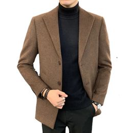 Men's Wool Blends Men Winter Wool Coat Men's Slim Casual Brand Solid Mid-length Wool Blends Woollen Pea Coat Male Trench Coat Overcoat S-4XL 231211