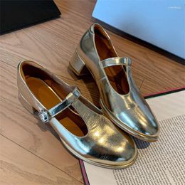 Dress Shoes Champagne Golden Cow Leather Women Round Toe Buckle Strap Ladies Low Heel High Quality Concise Sapatos Femininos