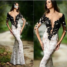 Mermaid Sexy Lace Illusion Prom Dress Black And White Split Front Long Sleeves Appliques Evening Gowns Custom Made Vestidos