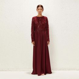 Ethnic Clothing Muslin Dress Abaya Deep Red Long Evening Embroidered Sequins Patchwork Chiffon Solid Colour Loose And Elegant Dubai