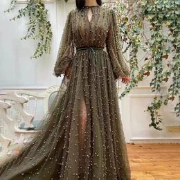 2024 Elegant A-line Evening Dress O-Neck Tulle Pearls Beaded Long Sleeves High Side Split Floor Length Formal Prom Party Gowns Robe De Soriee