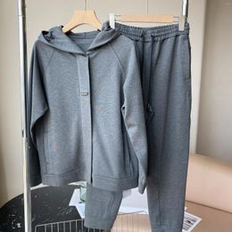Women's Two Piece Pants Women's Gray Casual Sports Suit Beadings Long Sleeve Hooded Sweatshirt Or Loose Straight Sweatpants For Female