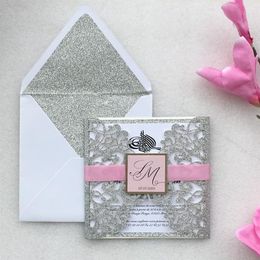 Customised Glitter Silver Laser Cut Wedding Invitations with belly band Birthday invitation cards 100sets Express 246R