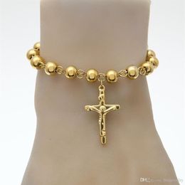 Hip Hop Jewelry 14K Gold Plated Rosary Bead Bracelet Stainless Steel Cross with Jesus Charms Pendant Link Chain Religion Female Pu208V