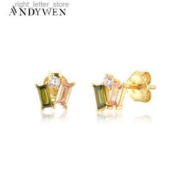 Stud ANDYWEN 925 Sterling Silver Olive Champagne Colourful Zircon Stud Earring Piercing Luxury Women Fashion Rock Punk Jewellery Crystal YQ231211