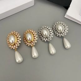 Stud European and American classic fashion sun flower crystal pearl pendant ear clip earrings 231208