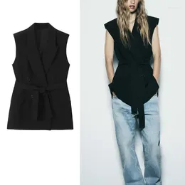 Women's Vests Black Long For Woman Lapel Sleeveless Blazer Fashion Belt Double Breasted Vest 2023 Autumn Slim Waistcoat