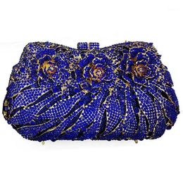 Gold Metal Evening Clutch Blue Crystal Purse Women Floral Phone Bag Ladies Rhinestone Diamond Mini Clutches Female Bags1297V