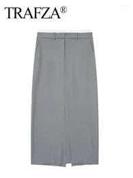 Skirts TRAFZA Woman Elegant Chic Slit At Hem Grey Split Skirt Office Basic Autumn 2023 Women Patchwork High Waist Long