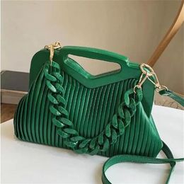 Green Leather Handbags For Women Inverted Triangle Bags Handle Hand Pouch Fashion Crossbody Bag Female Tote Thick Chain Lady Satch190m