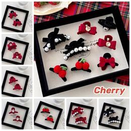 Hair Accessories Red Velvet Bow Hairpin Sweet Bowknot Cloth Cherry Small Claw Grap Clip Side Pearl Children