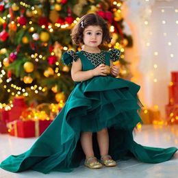 Girl Dresses Green Satin Large Bow Birthday Party Dress Layered Wedding Flower Customization