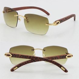 Whole Selling T8100905 High Quality Fashion Wood Sunglasses Carved Wooden Rimless 18K Gold Glasses UV400 Lens male and female 2874