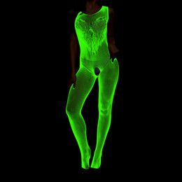 New Fashion Women Nightglow Luminous Colour Jumpsuit Sexy Fishnet Transparent Full Body Stockings Erotic Hollow Out Bodysuits sexy