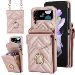 For Samsung Galaxy Z Flip 5 4 Wallet Phone Case RFID Blocking Ring Crossbody Wrist Strap Stand Credit Card Holder Leather Cover For Galaxt Z Flip3 5G Flip4 Flip5