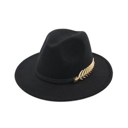 Fedora Hat Men For Woman Woolen Top British Style Gold Leaf Feather Jazz Goth Hats Designer Wedding Wide Brim308z