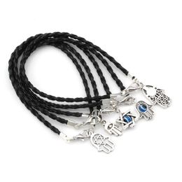 100Pcs Mixed Kabbalah Hamsa Hand lucky Charms Bracelets Black Leather Braided String 17 -21cm260O