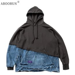 Men's Hoodies Sweatshirts ABOORUN Men's Fashion Denim Patchwork Sweatshirts Hi Street Broken Hole Pullover Hoodies for Male 231208