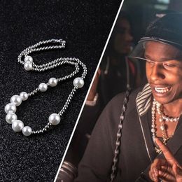 New Fashion Mens Pearl Necklace Hip Hop Stainless Steel Ball Beaded Necklaces Jewellery Clavicle Chain266f