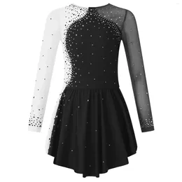 Stage Wear Girls Figure Skating Costume Ballet Dance Tutu Dress Gymnastics Leotard Long Sleeve Shiny Rhinestone Sheer Mesh Dancewear