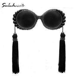 Whole-2016 fashion retro tassel baroque pearl sunglasses women's personalized beach rhinestone vintage circle big sun gla2407