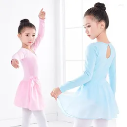 Stage Wear Kids Girl Ballet Gymnastics Leotard Dress Performance Long/Short Sleeve Dance Dancewear Clothes With Chiffon Tie