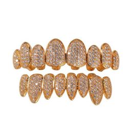 Iced Out 14K Gold Grills Crystal Teeth Top Bottom Diamond Grillz Hip Hop Bling Cubic Zircon Rapper Body Jewelry328u