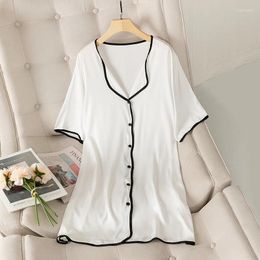 Women's Sleepwear Button-Down Nightwear Rayon Nightgown Women Short Sleeve Sleepdress Satin V-Neck Sexy Lingerie Home Dressing Gown